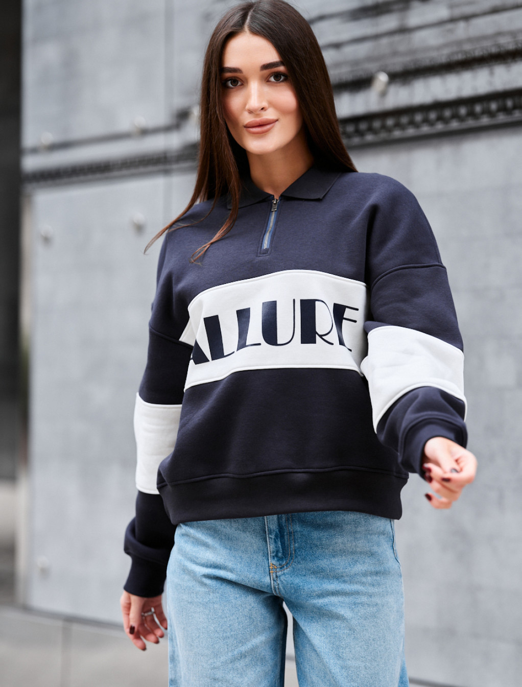 Bluză de damă Staff mok navy & white oversize fleece