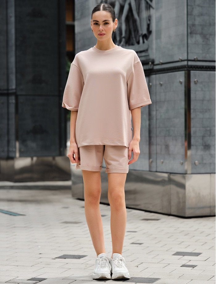 Set de vară pentru femei tricou + pantaloni scurți Staff de beige