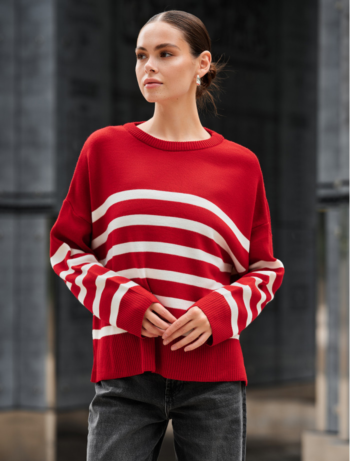 Pulover tricotat de damă Staff el red & white oversize