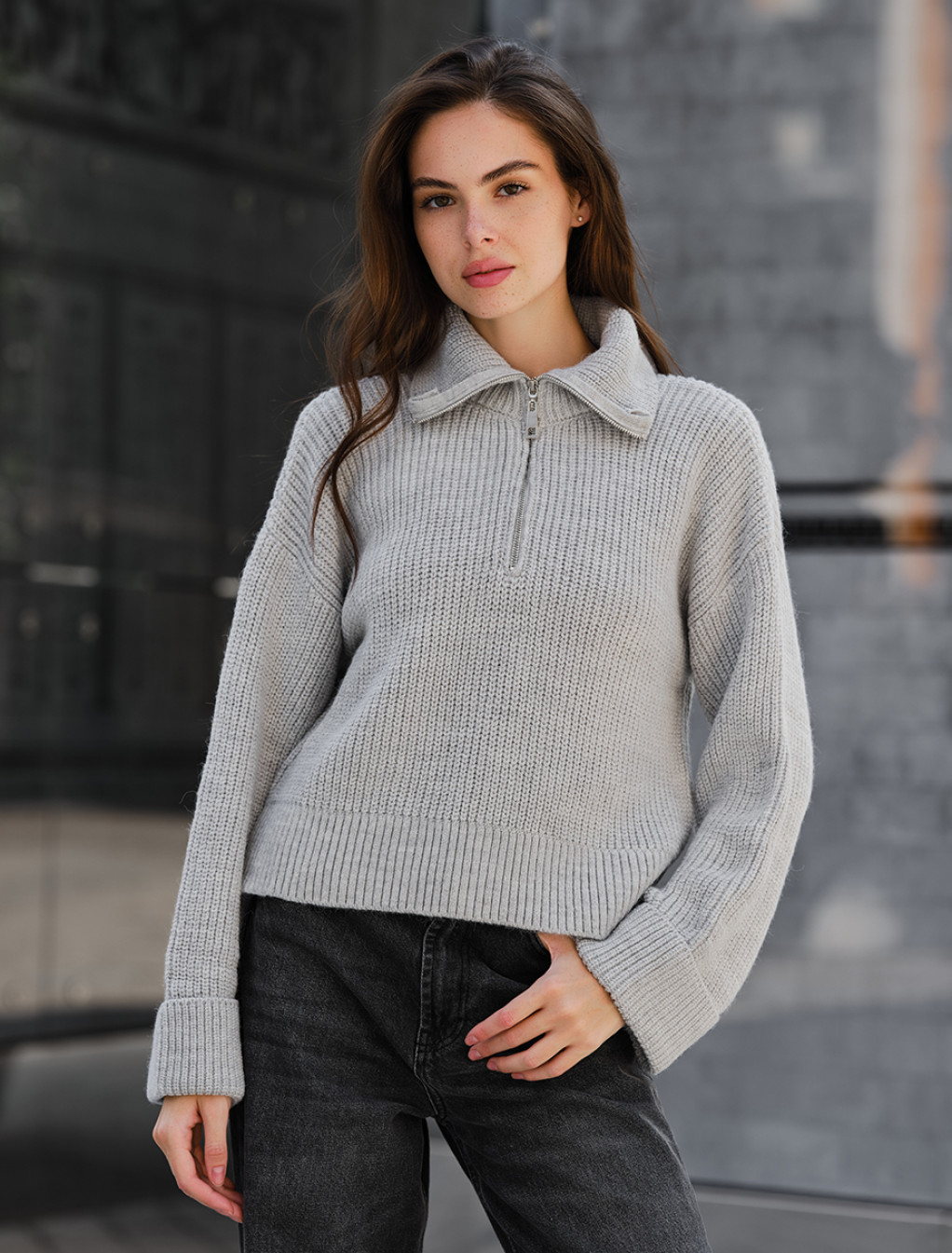 Pulover tricotat de damă Staff soli gray zip