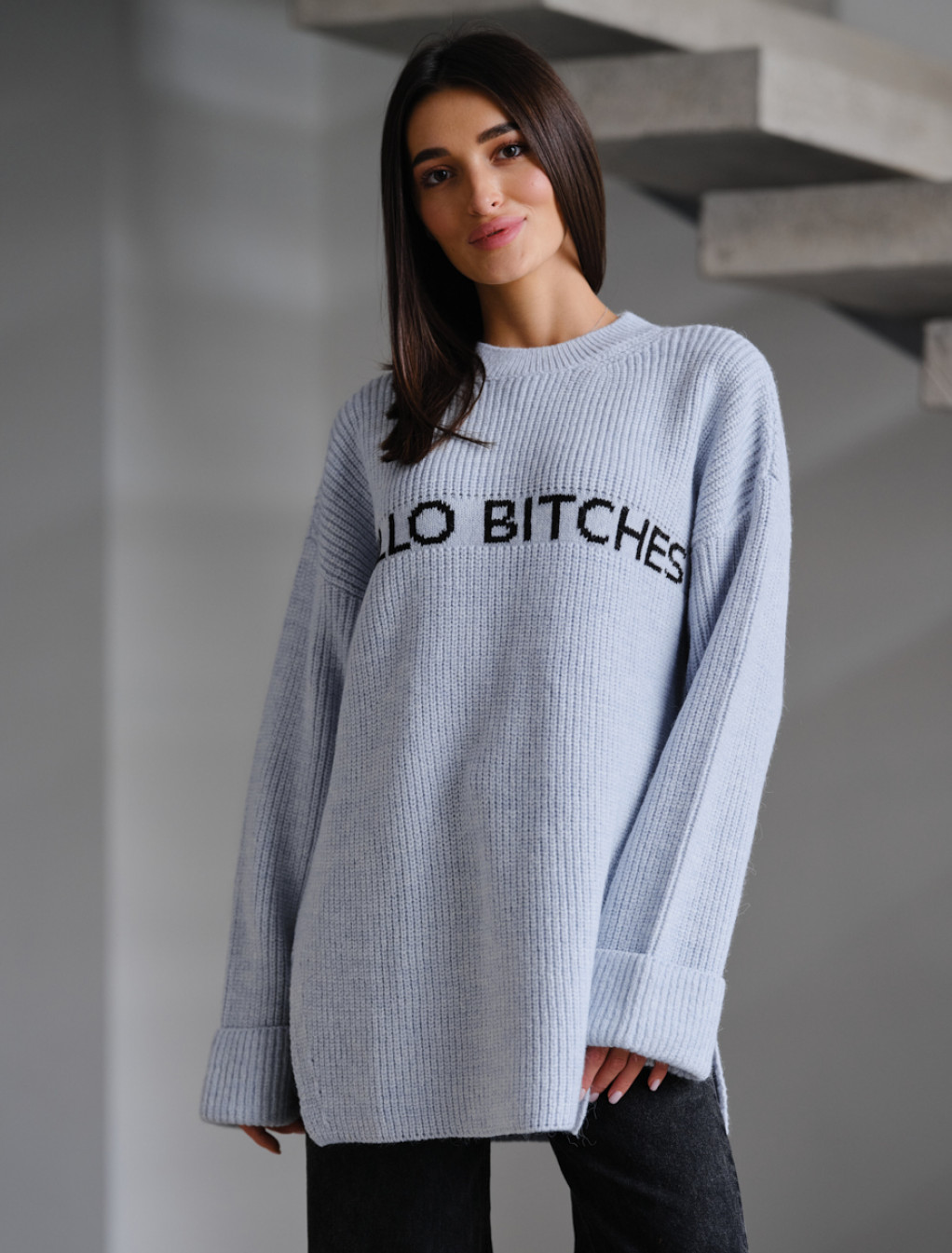 Pulover tricotat de damă Staff lo white & light blue oversize