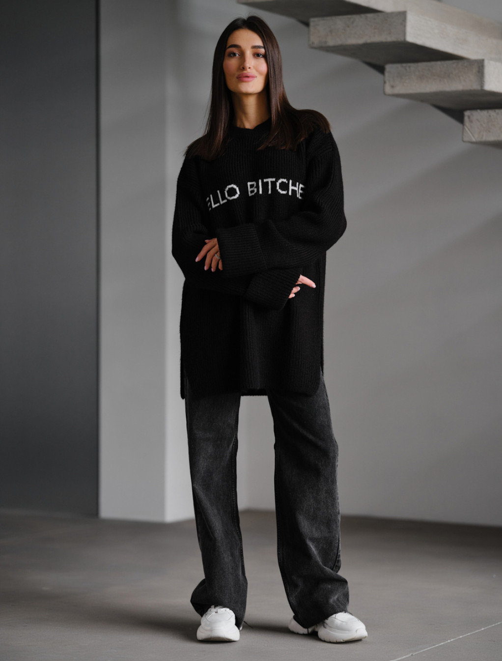Pulover tricotat de damă  Staff lo black oversize