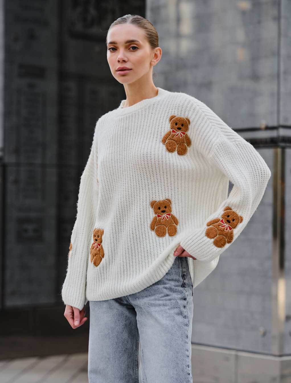 Pulover tricotat de damă Staff bear white oversize