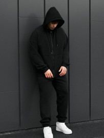 Costum de trening Staff wit zip black oversize fleece
