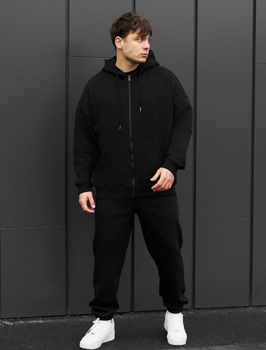 Costum de trening Staff wit zip black oversize fleece