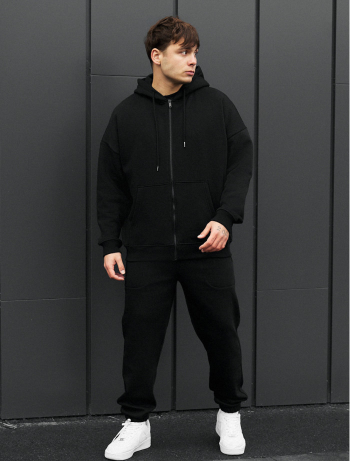 Costum de trening Staff wit zip black oversize fleece