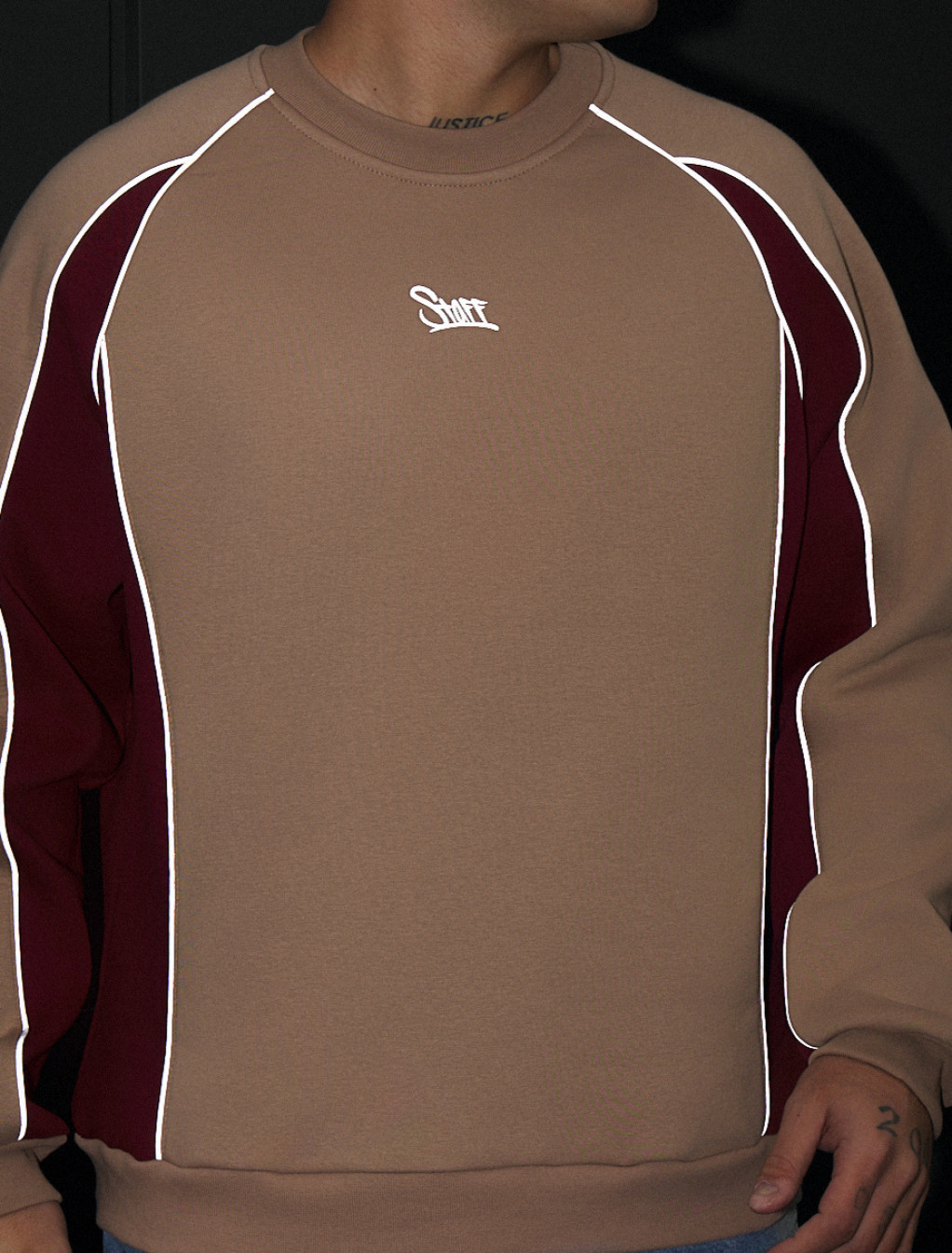 Bluză de trening Staff lur beige & bordo reflective oversize fleece