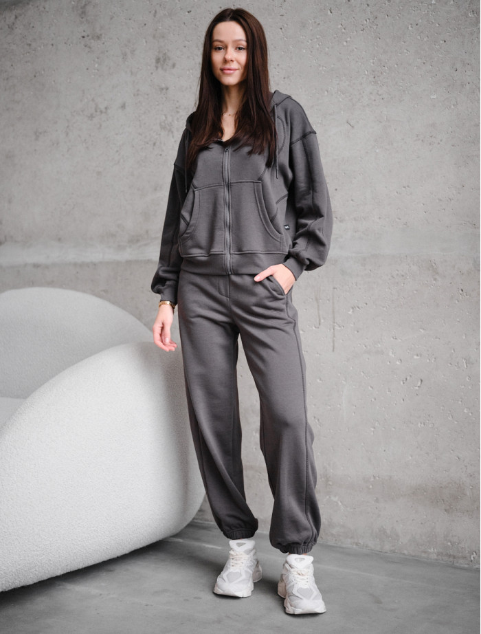 Costum de trening de damă Staff dig dark gray zip oversize