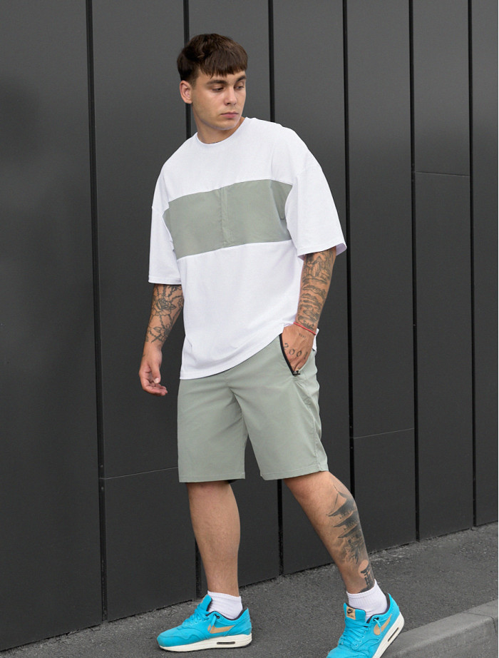 Set de vară tricou + pantaloni scurți Staff patt white & light olive oversize