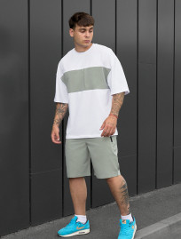 Set de vară tricou + pantaloni scurți Staff patt white & light olive oversize