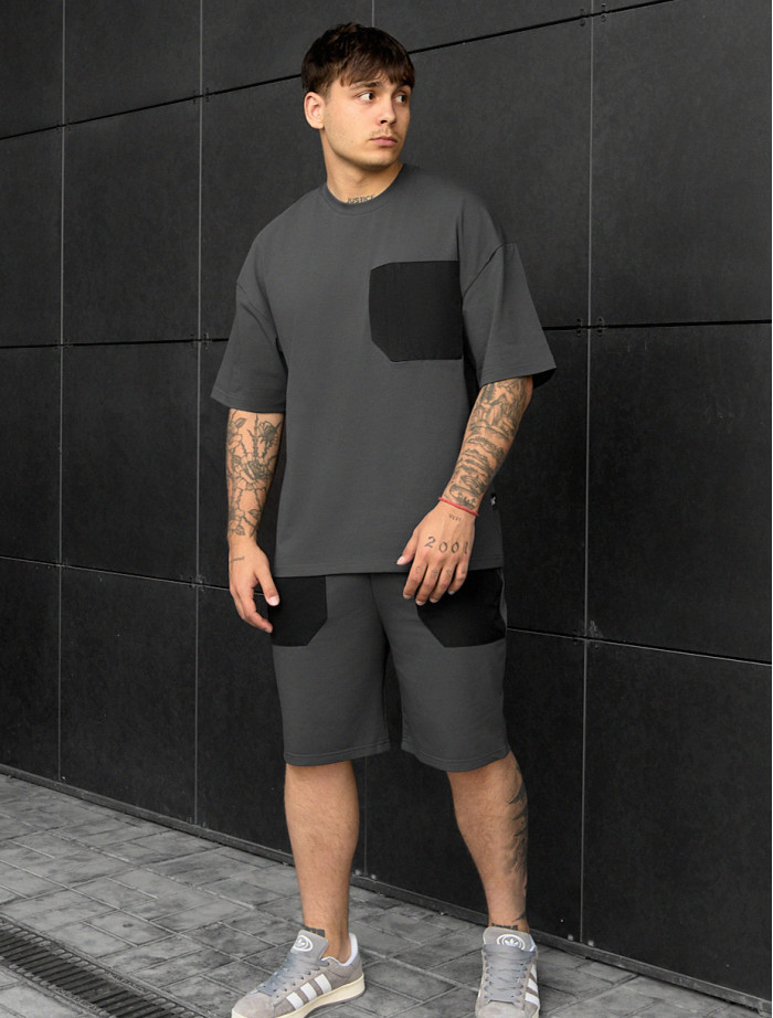 Set de vară tricou + pantaloni scurți Staff kas dark gray oversize