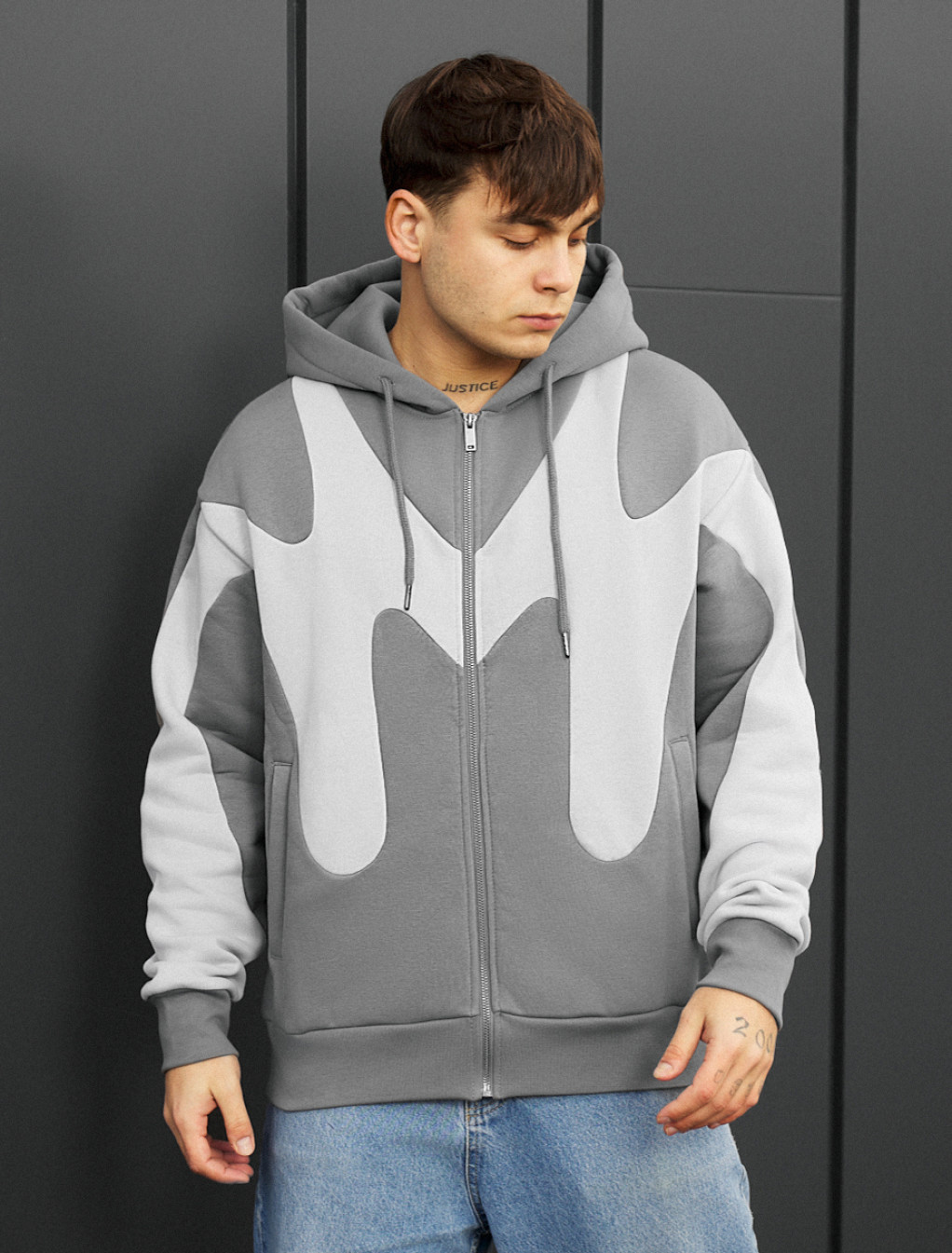 Hanorac Staff fa gray & light gray zip oversize fleece
