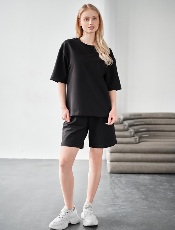 Set de vară de damă tricou + pantaloni scurți Staff de black