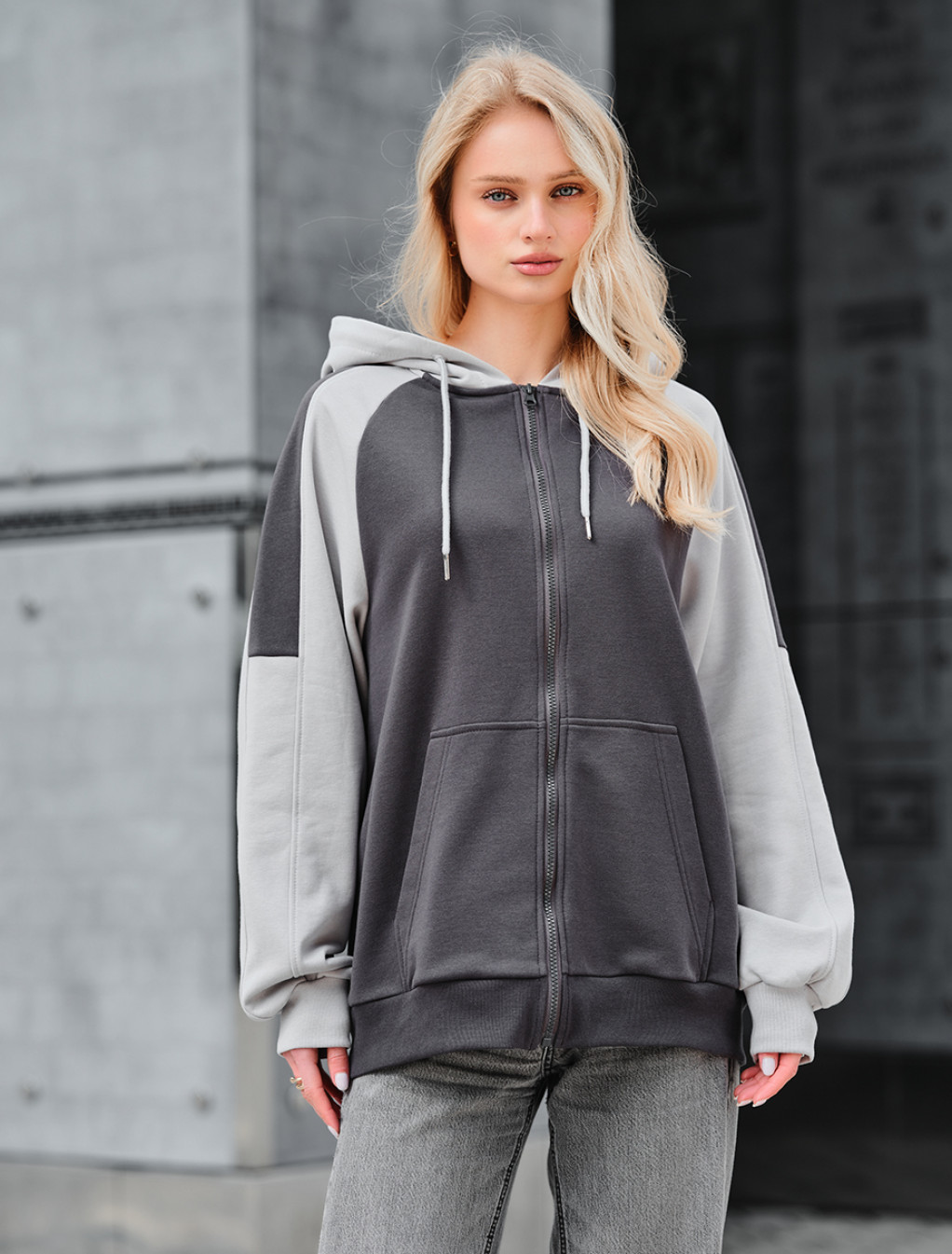 Hanorac de damă Staff gray & light gray zip oversize