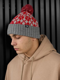 Căciulă Staff red & gray pattern pompon