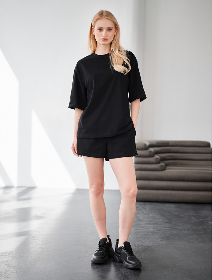 Set de vară de damă tricou + pantaloni scurți Staff me black oversize