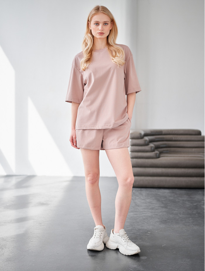  Set de vară de damă tricou+ pantaloni scurți Staff me beige oversize