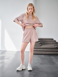 Set de vară de damă tricou+ pantaloni scurți Staff me beige oversize