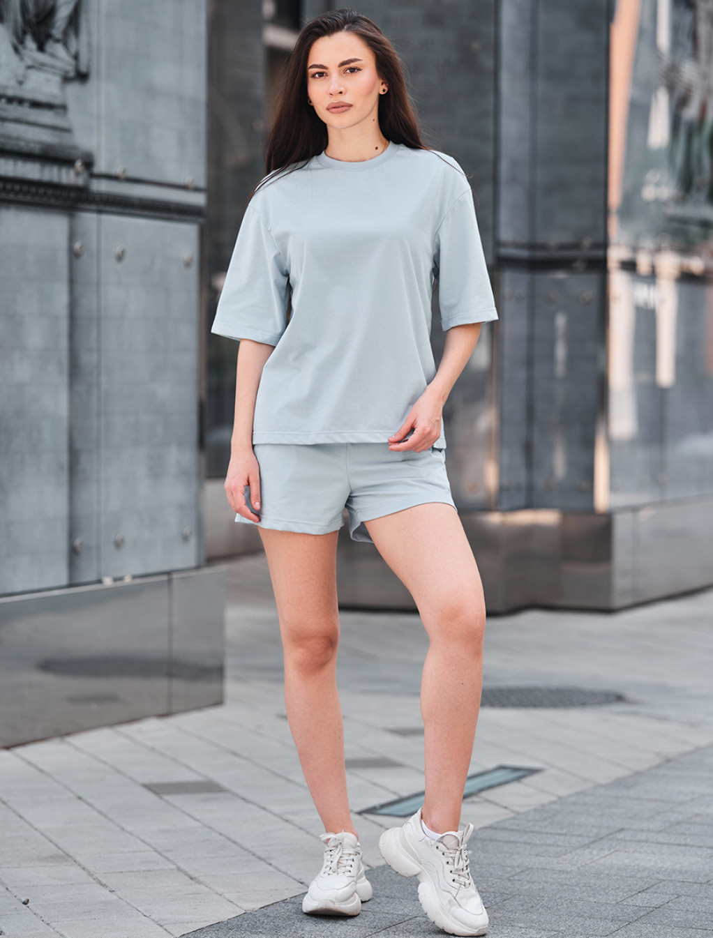 Set de vară de damă tricou + pantaloni scurți Staff me light blue oversize