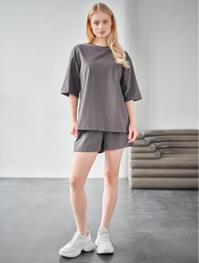Set de vară de damă tricou + pantaloni scurți Staff me dark gray oversize