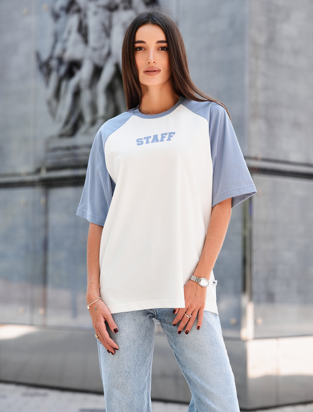 Tricou de damă Staff ed light blue & white logo oversize