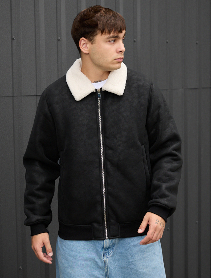 Haină de piele întoarsă îmblănită Staff fa black