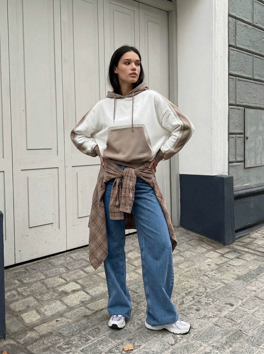 Hanorac de damă Staff twi white & light brown oversize