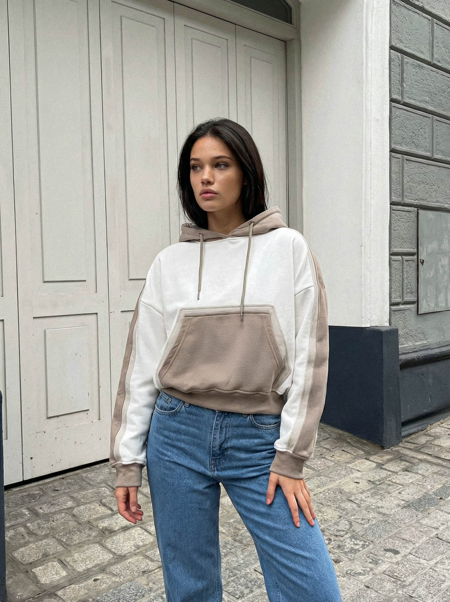 Hanorac de damă Staff twi white & light brown oversize