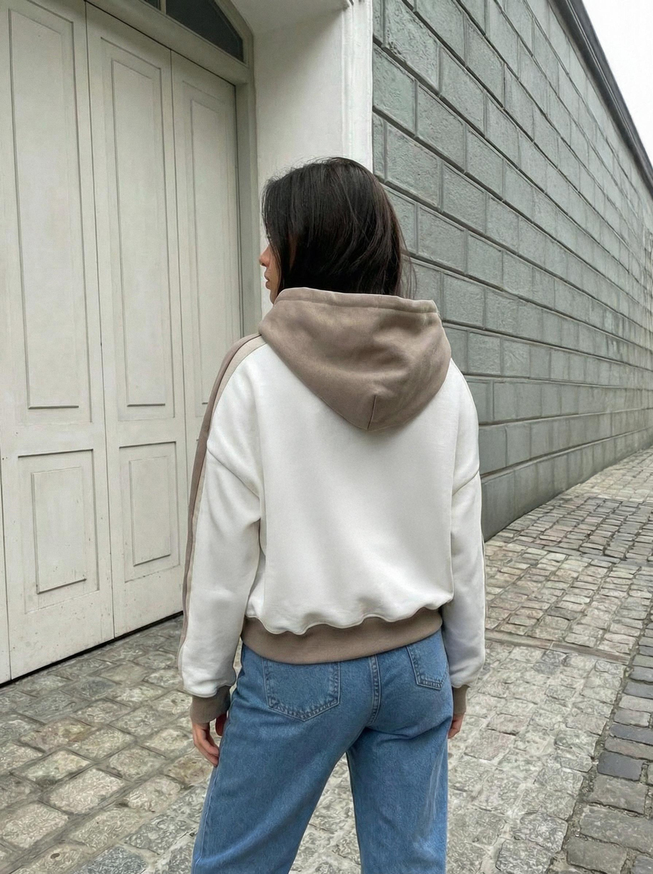 Hanorac de damă Staff twi white & light brown oversize