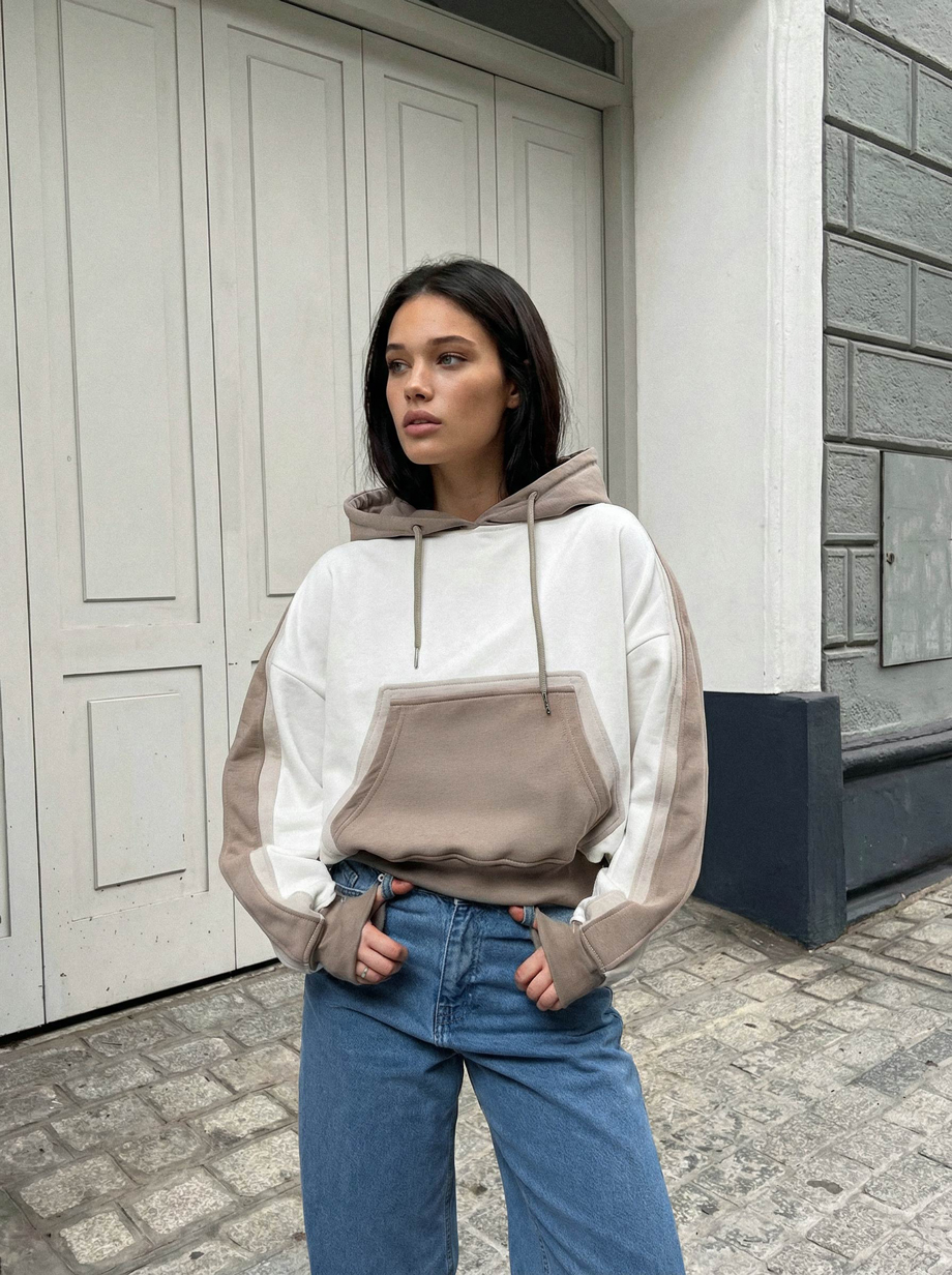 Hanorac de damă Staff twi white & light brown oversize