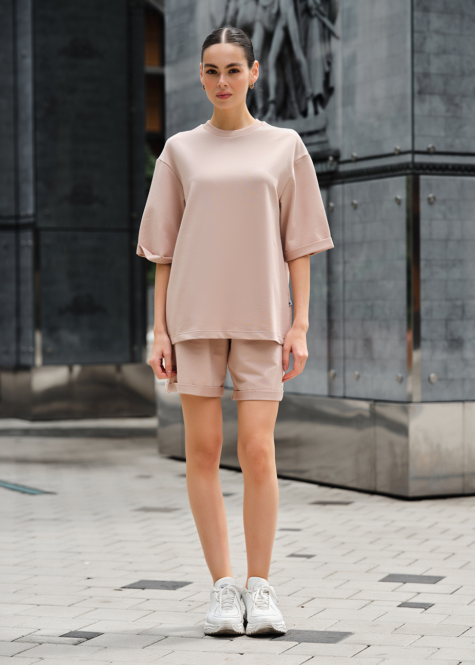 Set de vară pentru femei tricou + pantaloni scurți Staff de beige