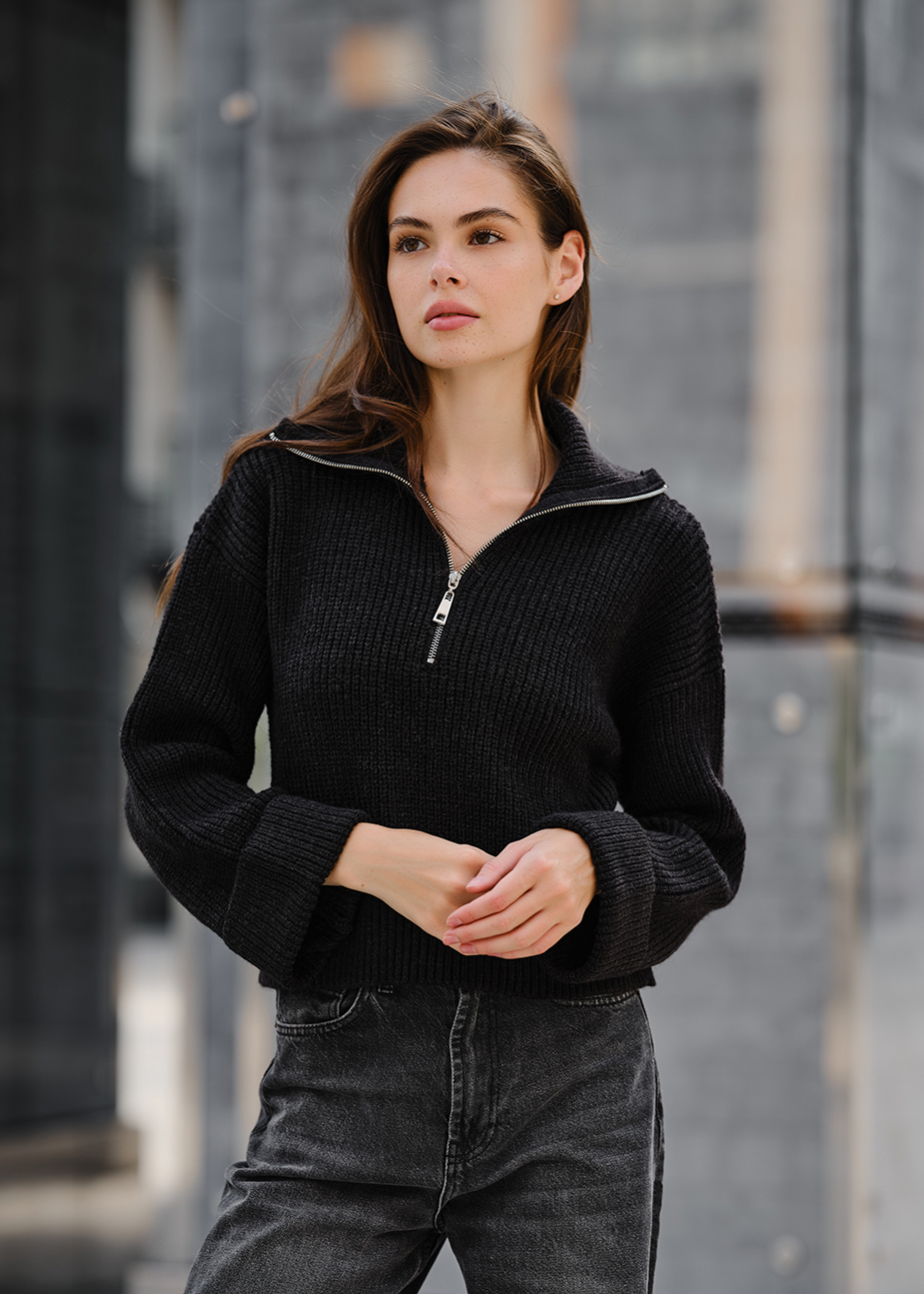 Pulover tricotat de damă Staff soli black zip
