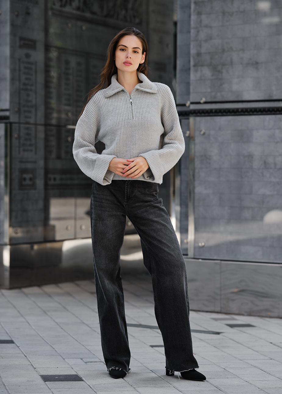 Pulover tricotat de damă Staff soli gray zip