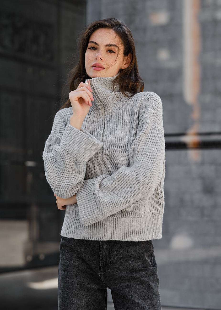 Pulover tricotat de damă Staff soli gray zip