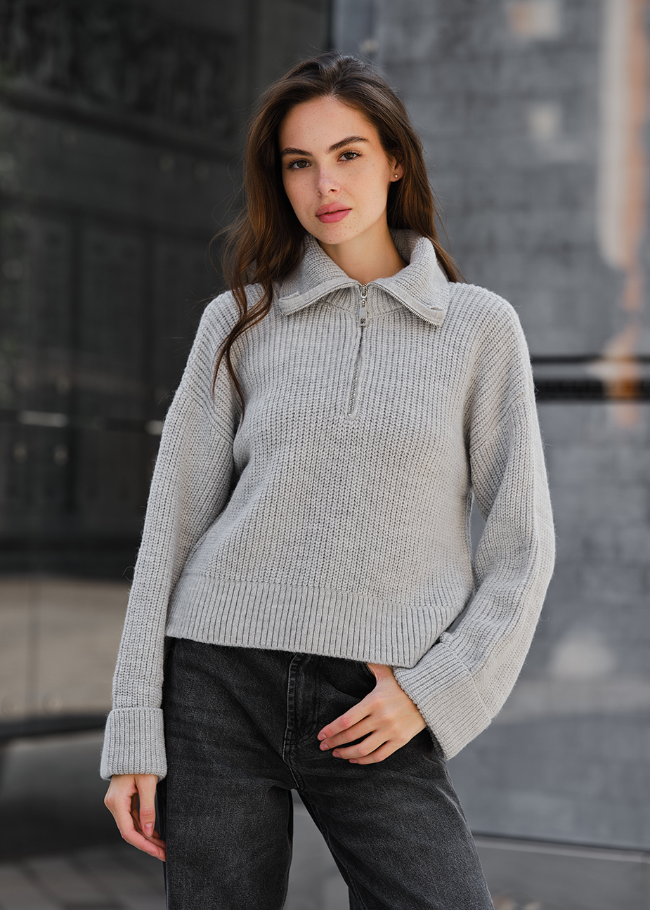 Pulover tricotat de damă Staff soli gray zip