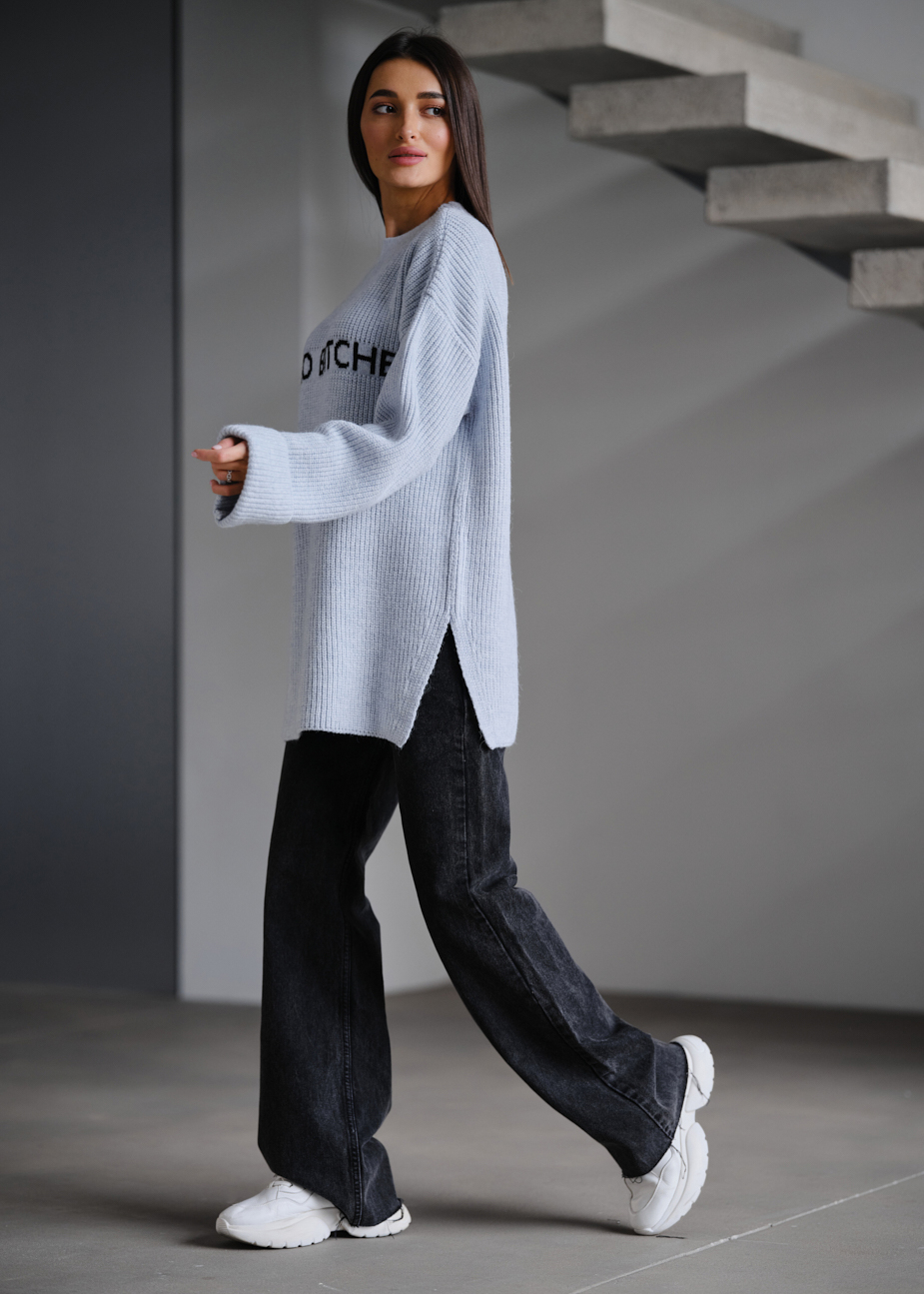 Pulover tricotat de damă Staff lo white & light blue oversize