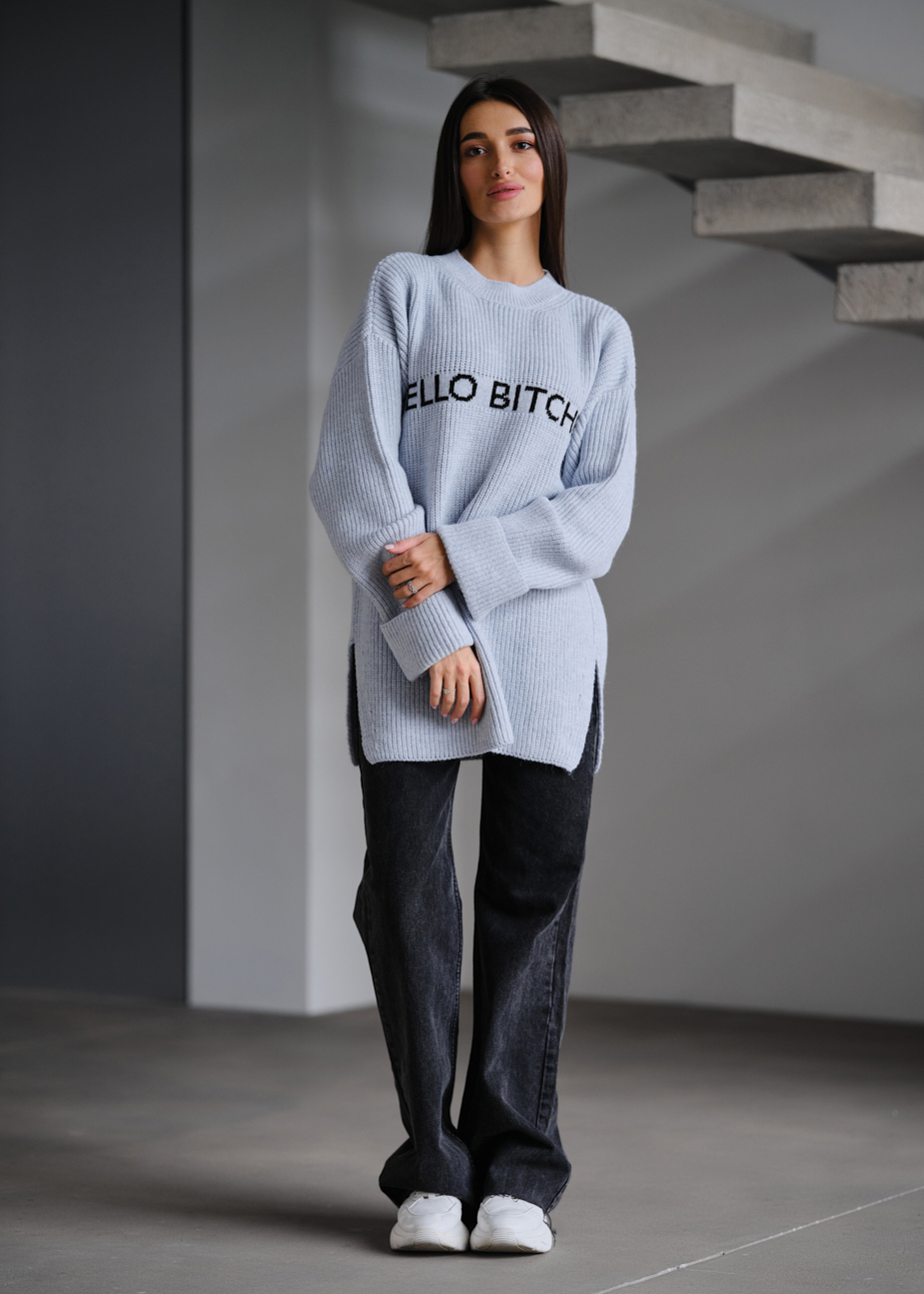 Pulover tricotat de damă Staff lo white & light blue oversize
