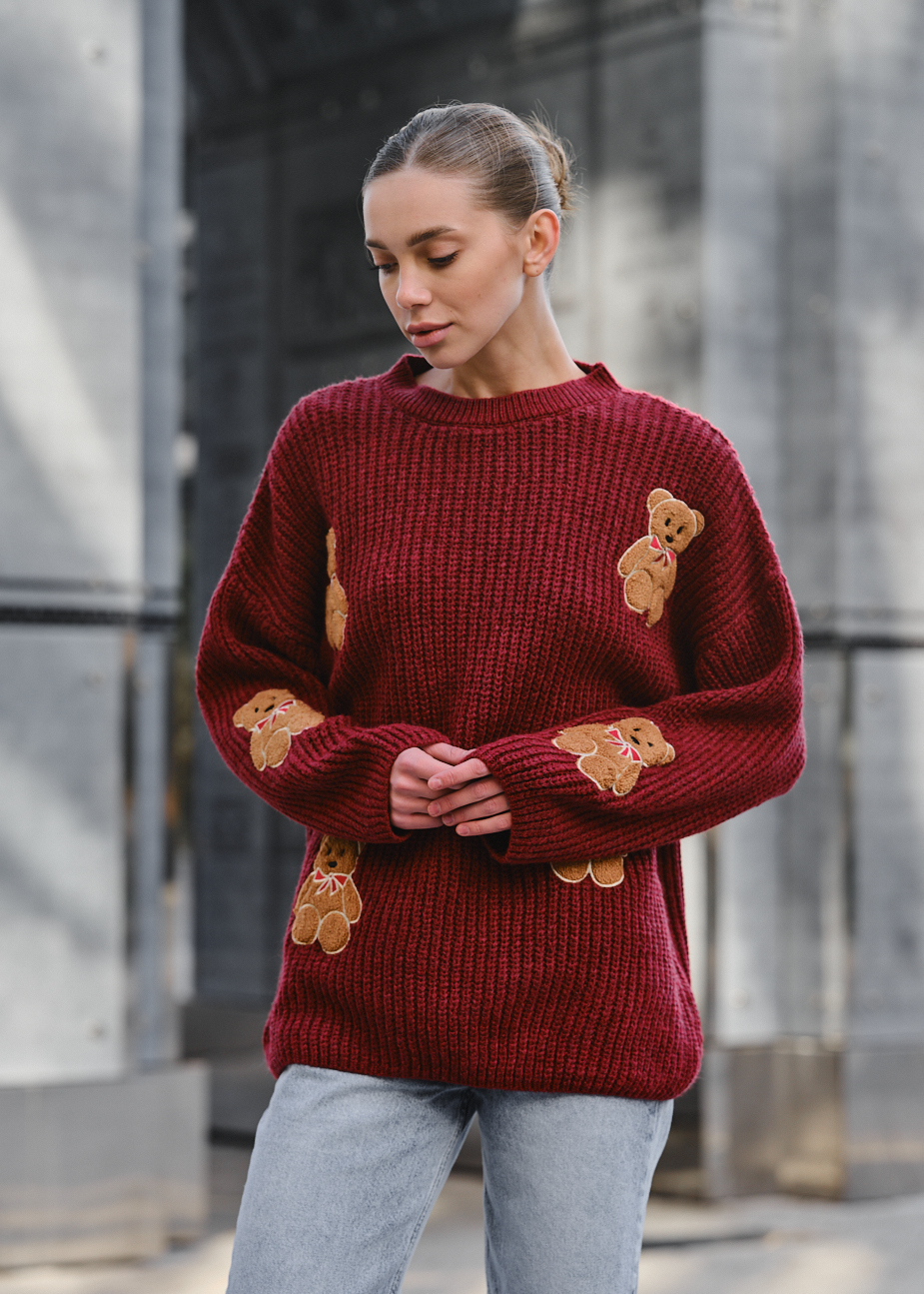 Pulover tricotat de damă Staff bear bordo oversize