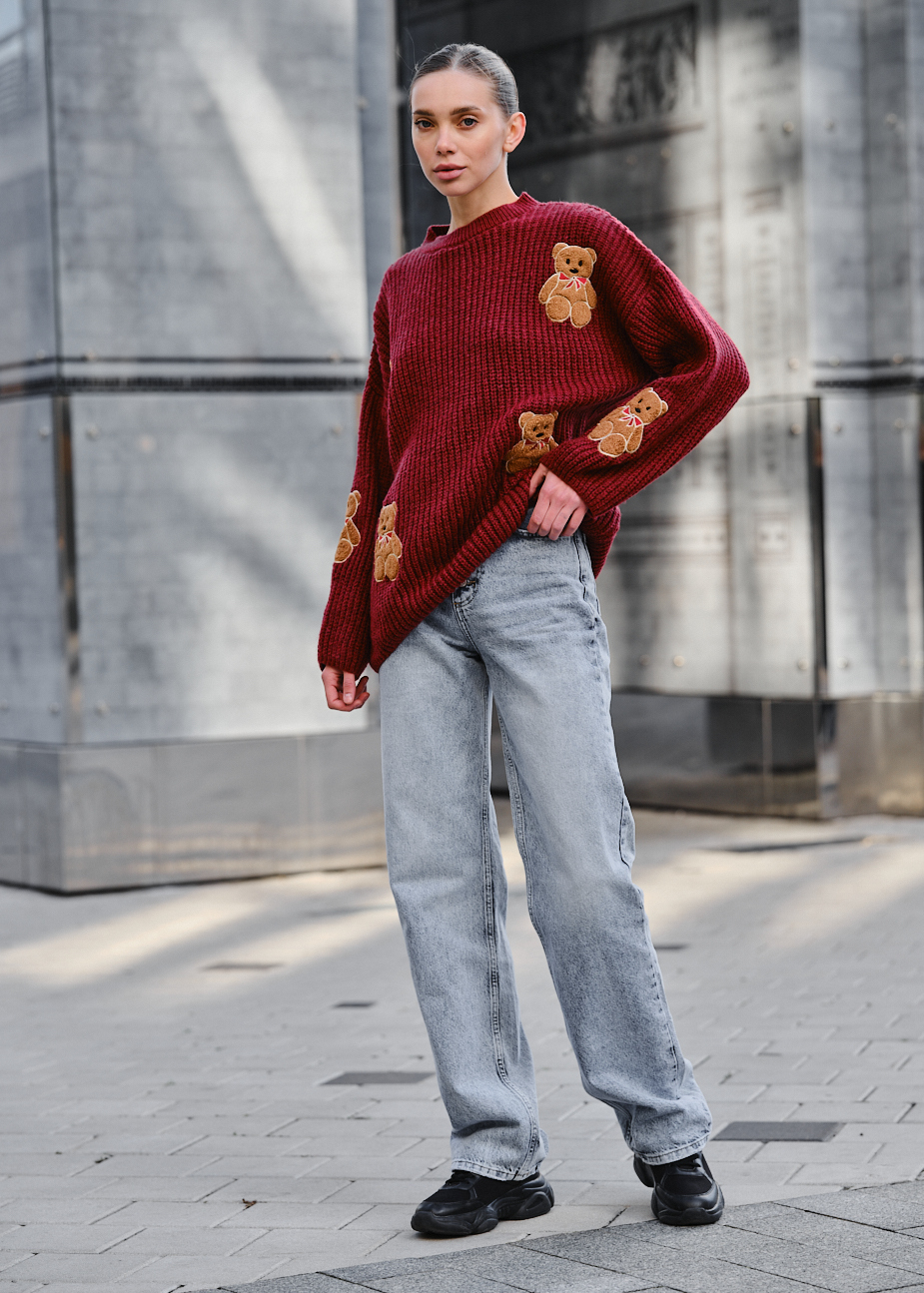 Pulover tricotat de damă Staff bear bordo oversize