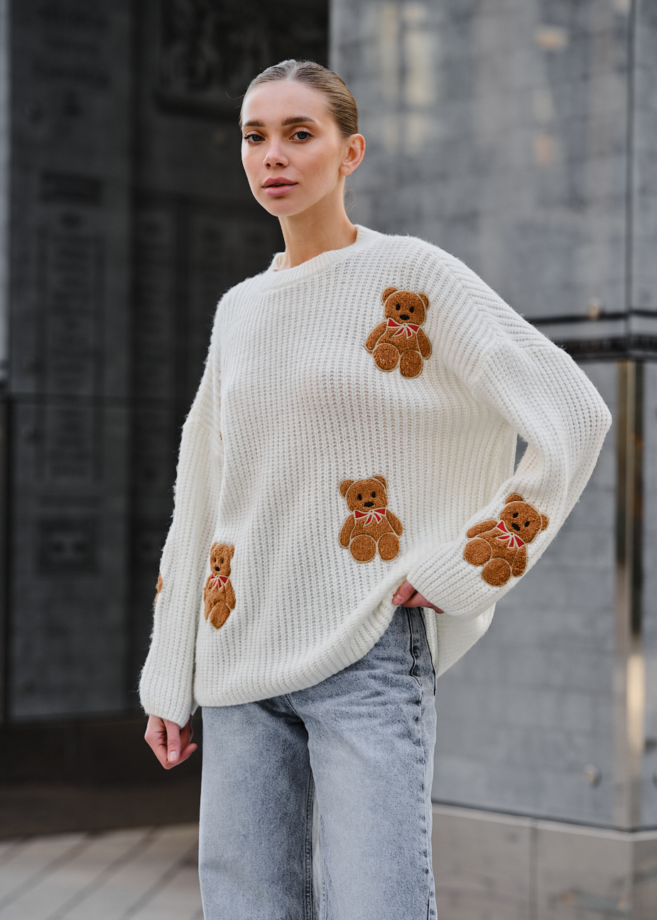 Pulover tricotat de damă Staff bear white oversize