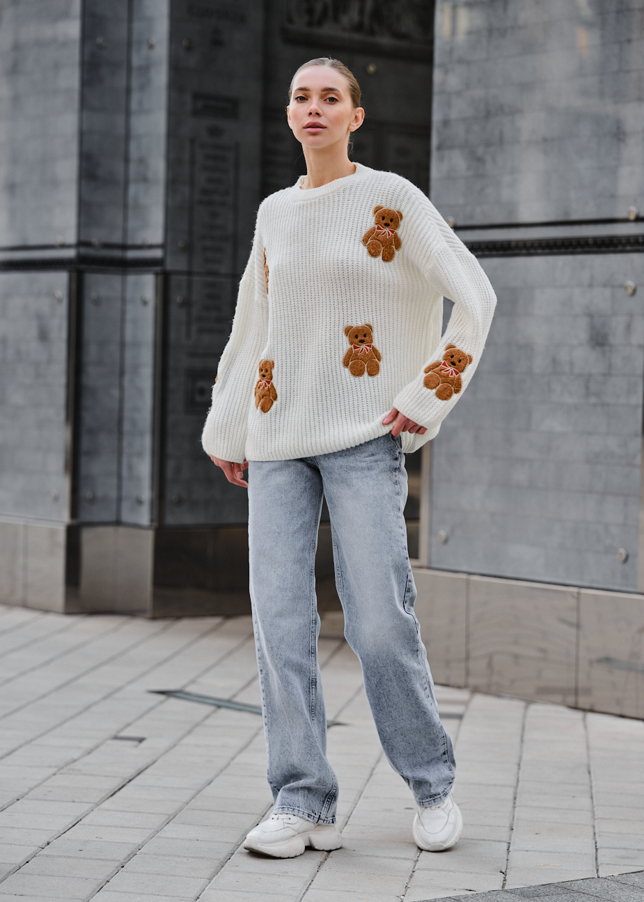 Pulover tricotat de damă Staff bear white oversize