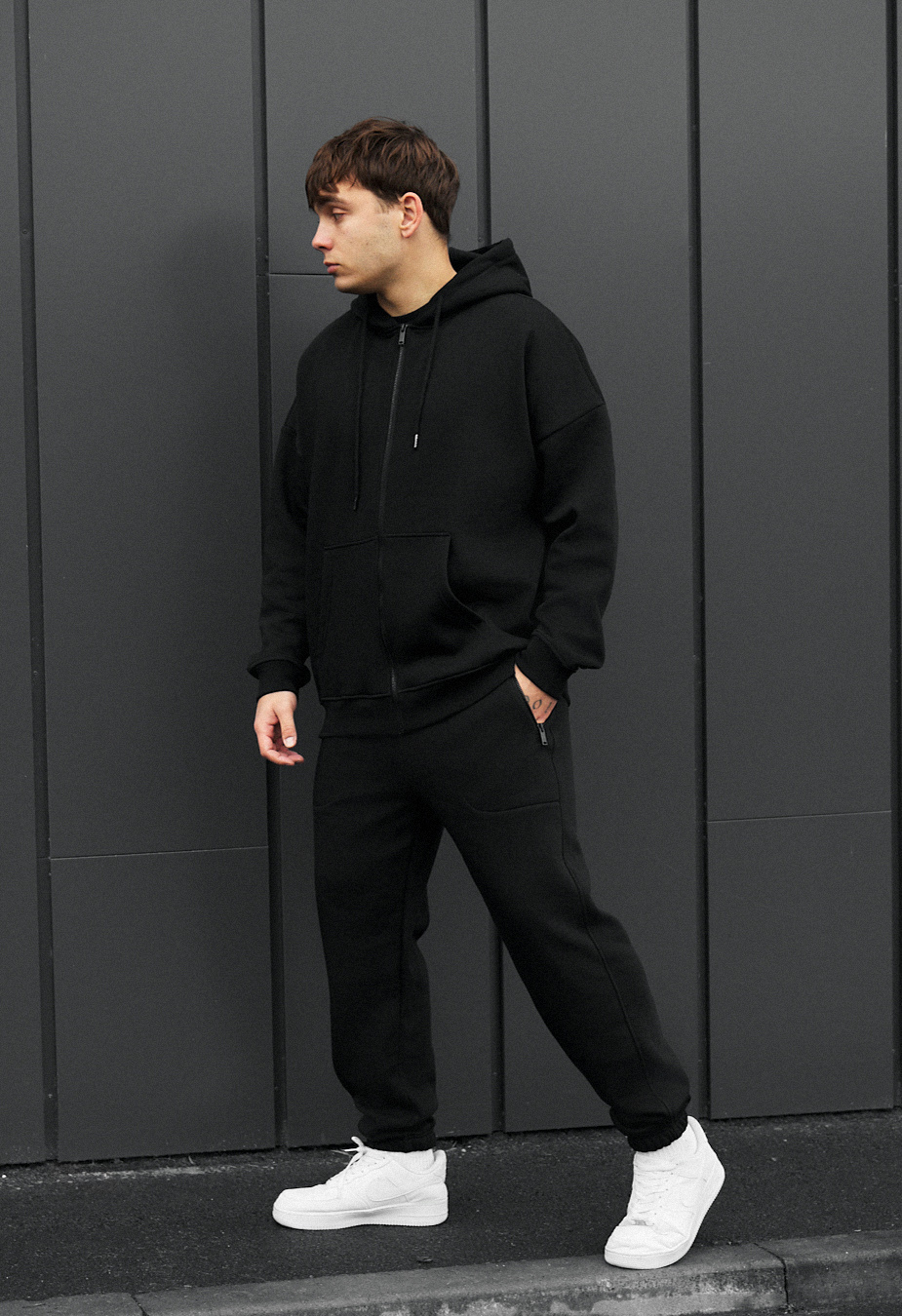 Costum de trening Staff wit zip black oversize fleece