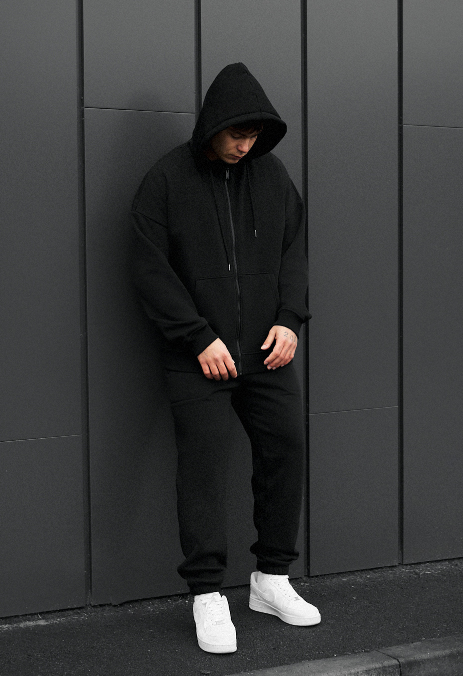 Costum de trening Staff wit zip black oversize fleece