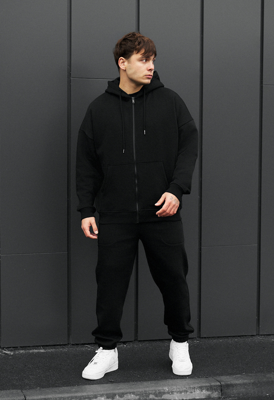 Costum de trening Staff wit zip black oversize fleece