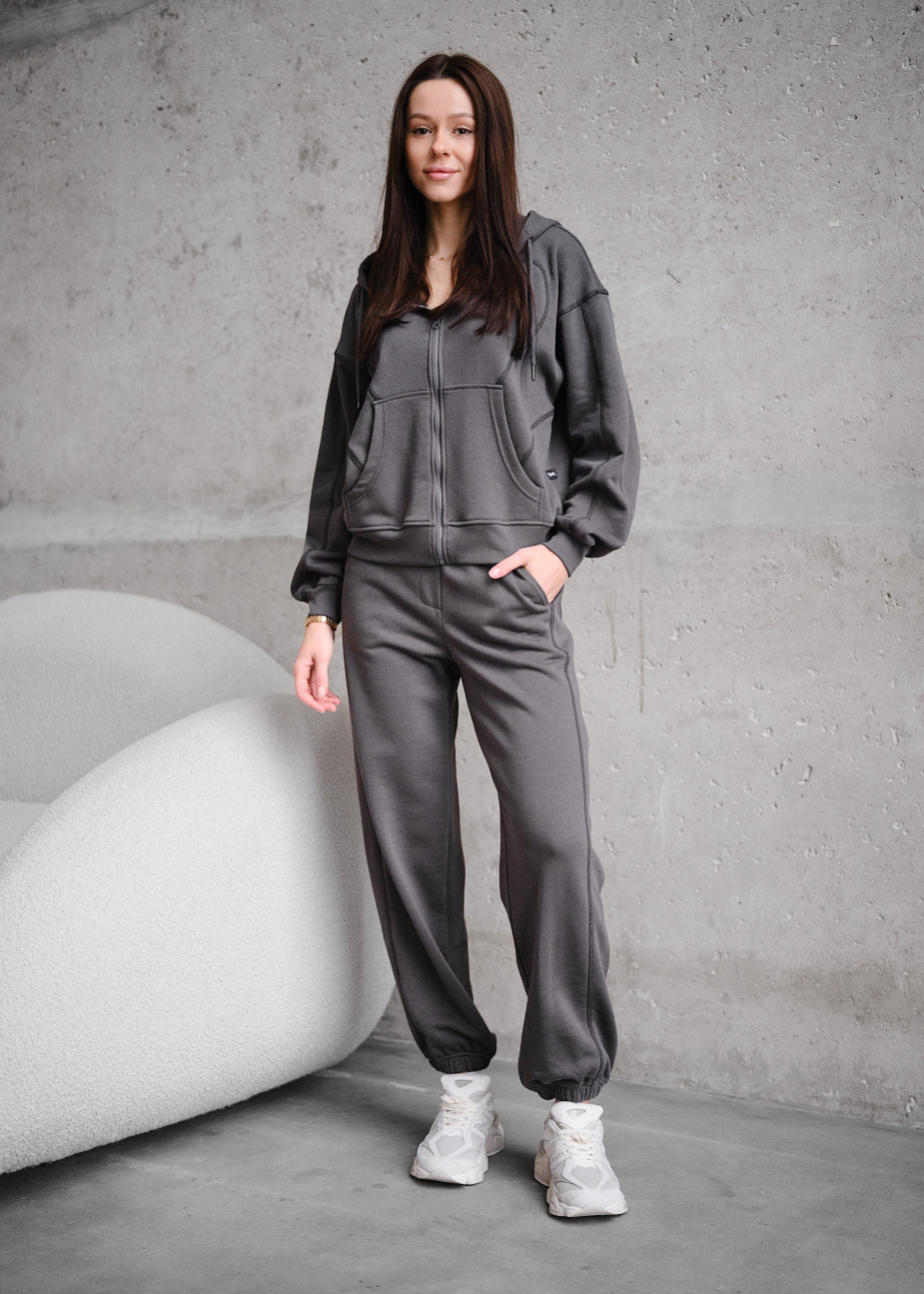 Costum de trening de damă Staff dig dark gray zip oversize