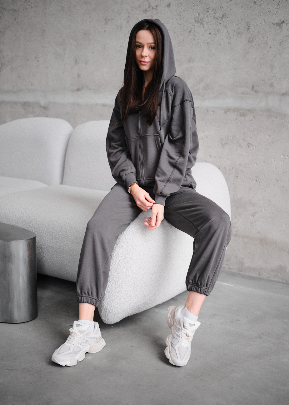 Costum de trening de damă Staff dig dark gray zip oversize