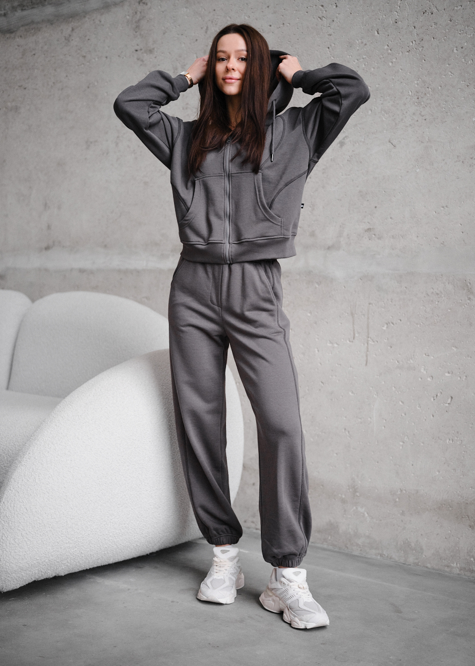 Costum de trening de damă Staff dig dark gray zip oversize