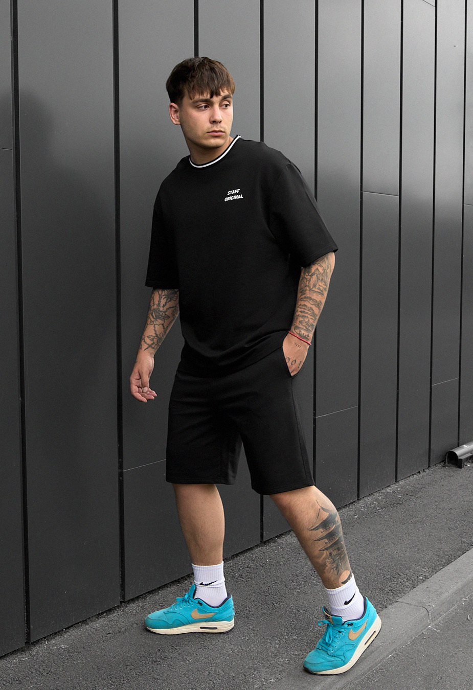 Set de vară tricou + pantaloni scurți Staff de black oversize