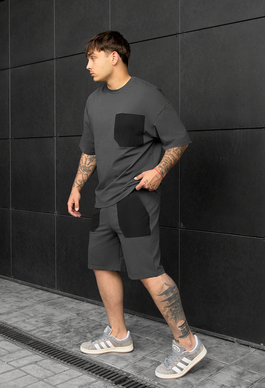 Set de vară tricou + pantaloni scurți Staff kas dark gray oversize