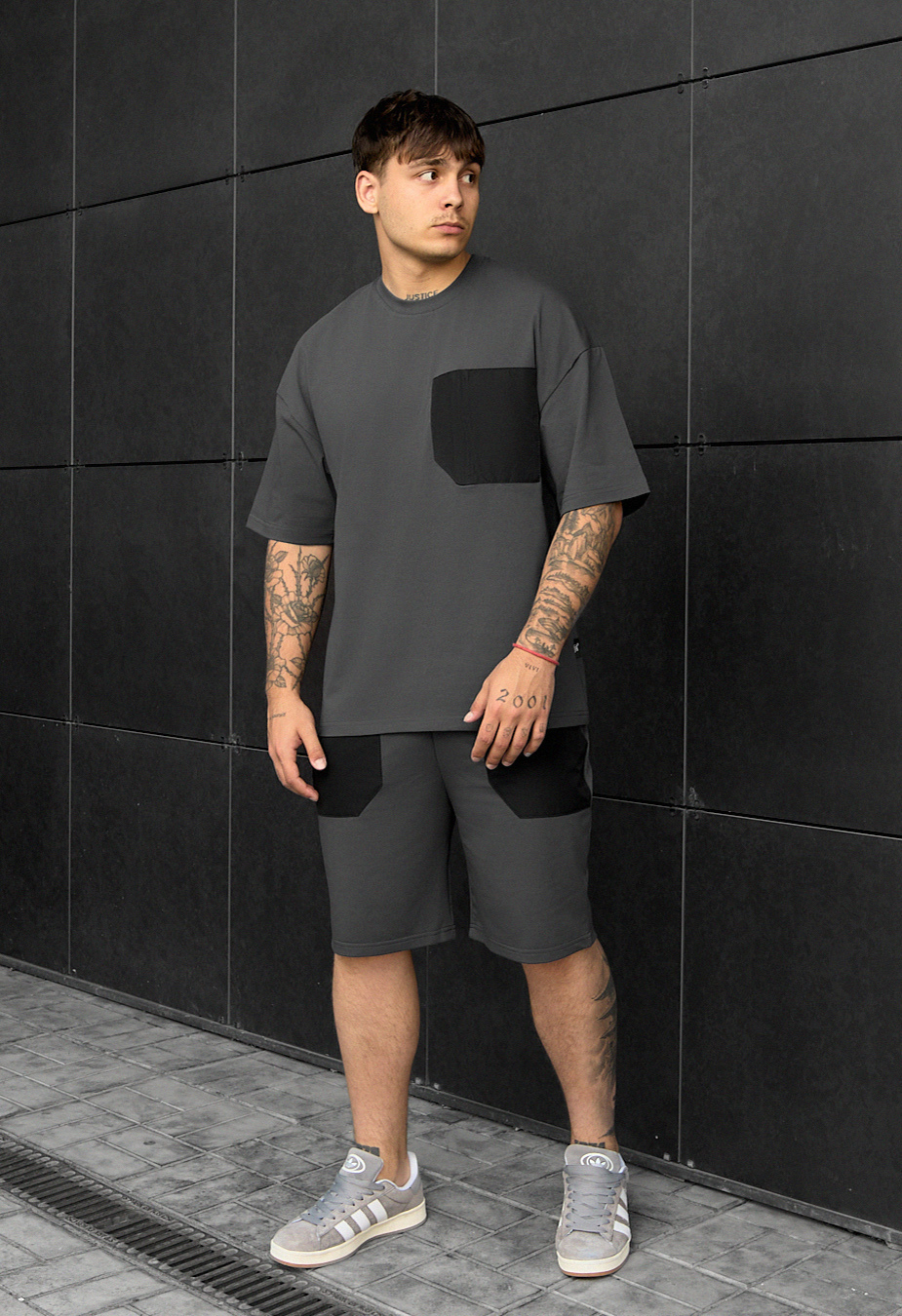 Set de vară tricou + pantaloni scurți Staff kas dark gray oversize